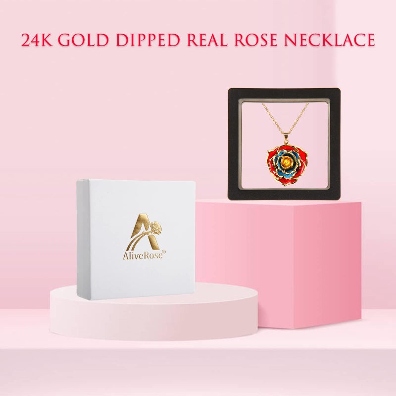 AliveRose Rose Pendant Necklaces Gifts for Women, 24K Gold Dipped Real Rose Dangle Necklace Jewelry - Ideal Gift for Her Wife Mom Anniversaries, Valentines, Birthday, Christmas (Red Blue Yellow) - Image 4