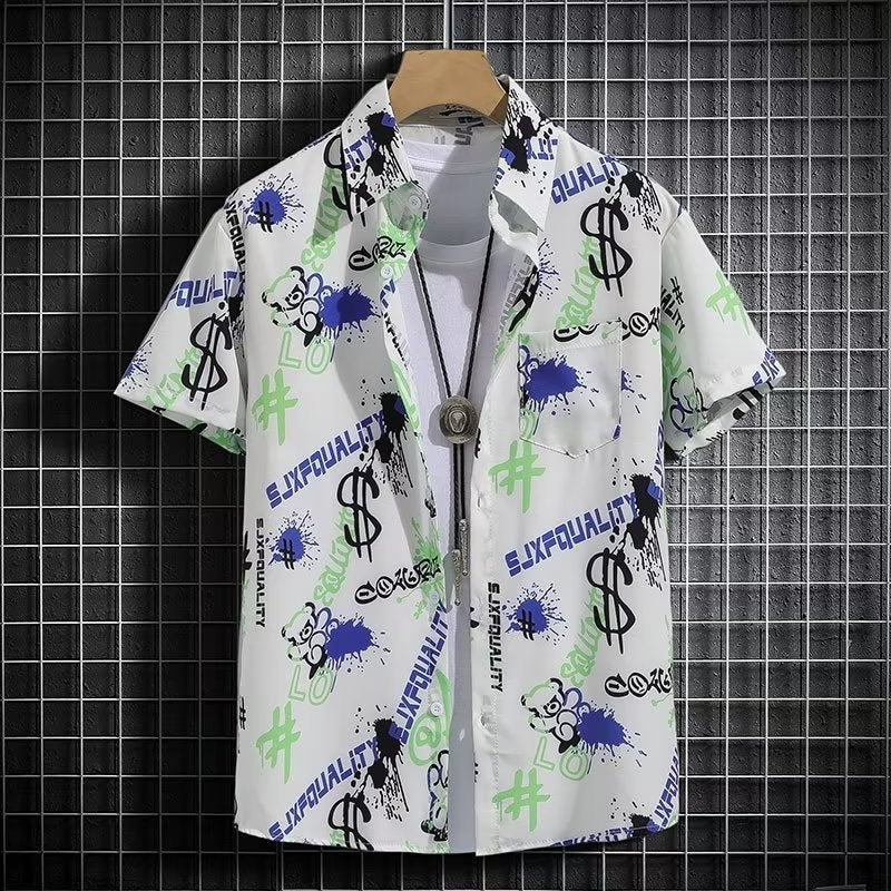 Hawaiian Style Printed Shirt Mens Short-sleeved ins Popular Brand Summer Beach Shirt Loose and Handsome Refreshing Jacket C54 Black - Image 2
