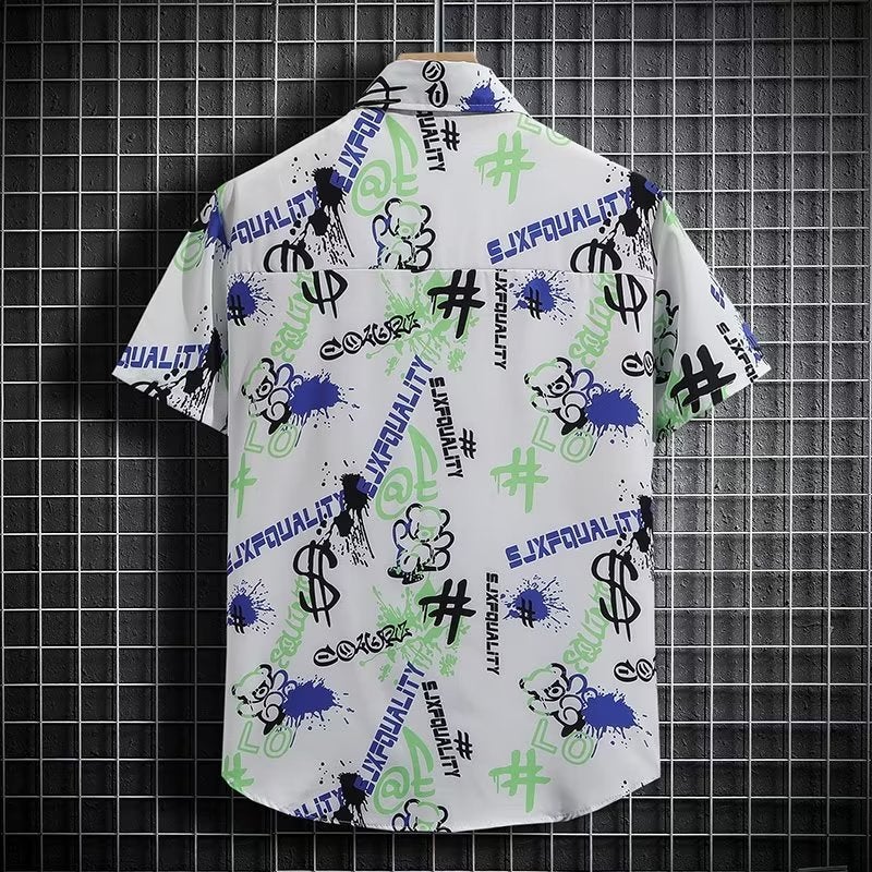 Hawaiian Style Printed Shirt Mens Short-sleeved ins Popular Brand Summer Beach Shirt Loose and Handsome Refreshing Jacket C54 Black - Image 3