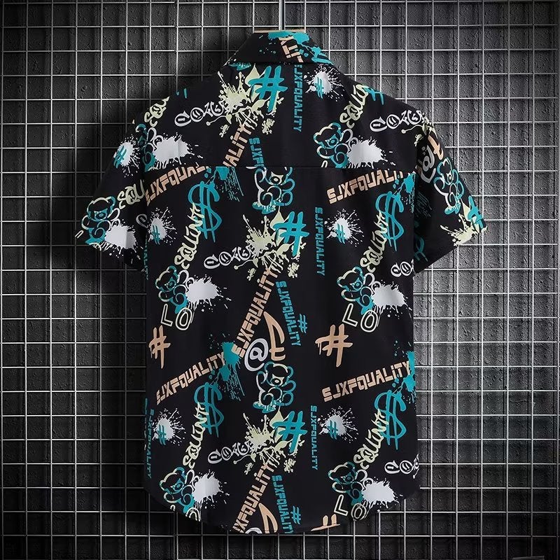 Hawaiian Style Printed Shirt Mens Short-sleeved ins Popular Brand Summer Beach Shirt Loose and Handsome Refreshing Jacket C54 Black - Image 5