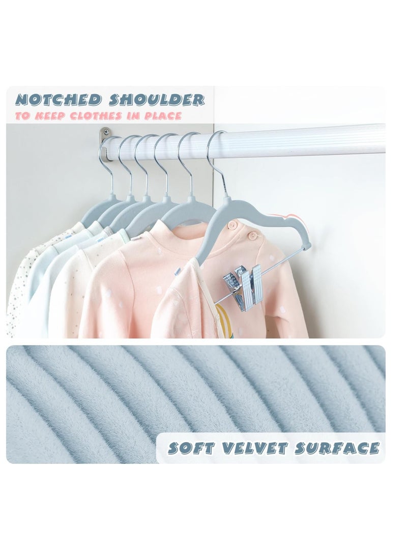 ManGotree 11.8'' Baby Velvet Hangers with Movable Clips, Non-Slip Kids Clothes Hangers, Ultra-Thin Space-Saving Children's Felt Hangers for Shirts, Pants, Dresses, Skirts, Jackets (16 Pack, Blue) - Image 3