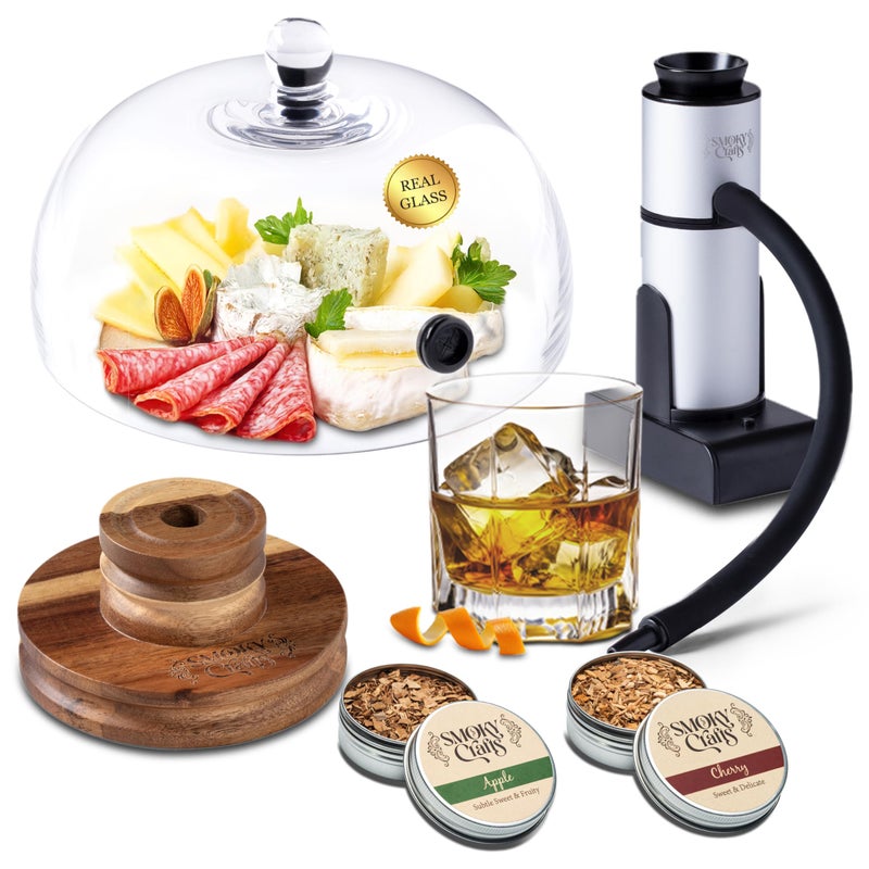 Smoky Crafts Food and Drink Smoker Kit with Smoke Gun 8 Smoking Cloche Glass Dome Acacia Cocktail Smoke Top and Wood Chips Apple  Cherry  Whiskey Smoker Kit  Gifts for Men