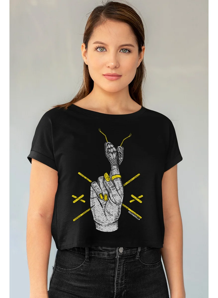 Rock&Roll Snake Fingers Black Short, Cut Crop Top Women's T-Shirt