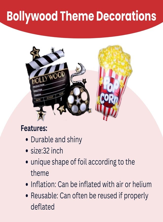 FI - FLICK IN 63Pcs Bollywood Theme Decorations Items Red Black Gold Balloons with Camera Star Foil Popcorn Flim Clapperboard Balloons for Birthdays Anniversaries Movie Theater Film Party Decorations - Image 4
