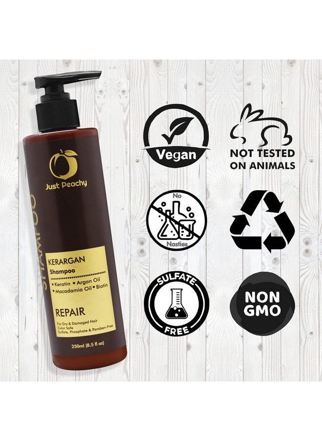 Just Peachy - Kerargan Repair Shampoo ; Keratin + Moroccan Argan Oil + Macadamia Oil + Biotin ; Color Safe ; For Dry & Damaged Hair ; No Sulfate Paraben Phosphates ; 100% Vegan ; 250Ml - Image 1