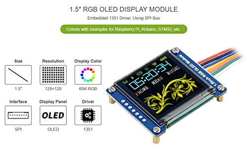waveshare 1.5inch RGB OLED Display Module, 128x128 Pixels 16-bit High Color (65K Colors) SPI Interface Compatible with Arduino Raspberry Pi Jetson Nano STM32 - Image 2