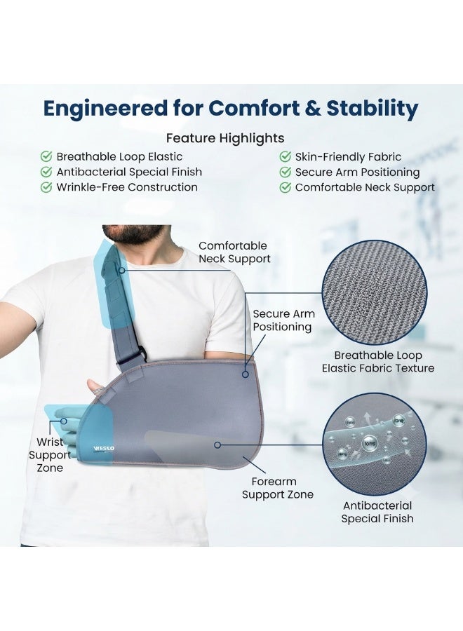 Vissco Arm Pouch Sling, Adjustable Shoulder and Arm Support Brace with Breathable Fabric, Cushioned Neck Strap and Secure Fit, Grey - Image 4