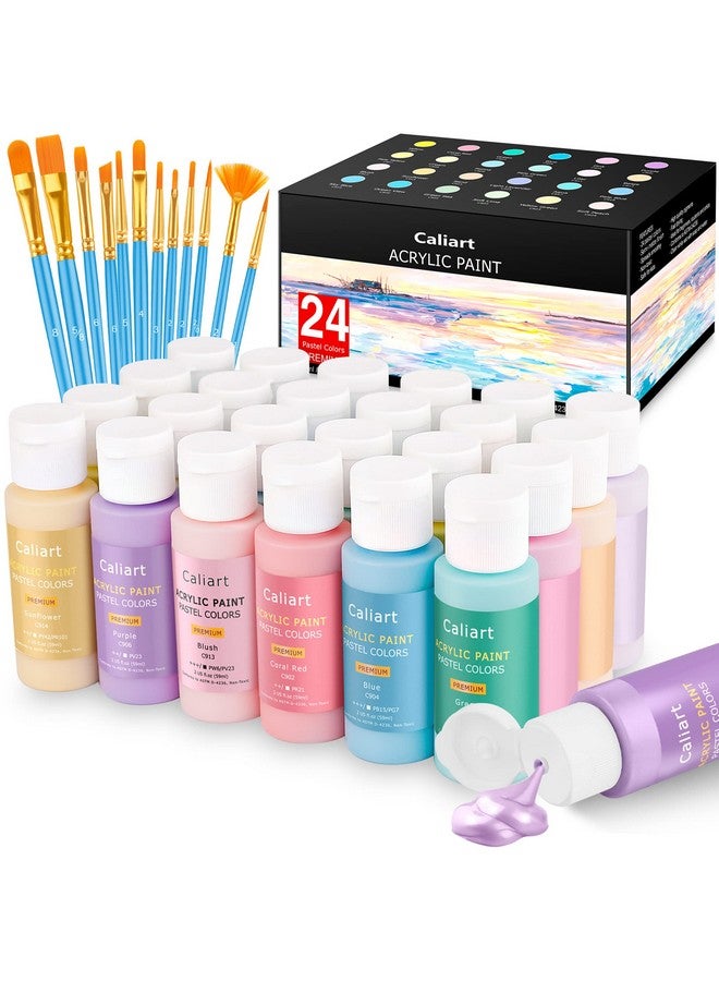 Caliart Pastel Acrylic Paint Set With 12 Brushes 24 Pastel Colors (59Ml 2Oz) Art Craft Paint For Artists Students Kids Beginners Halloween Decorations Canvas Ceramic Wood Rock Painting Supplies Kit - Image 1