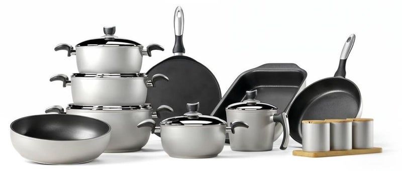 Gigli Titanium Round Cookware Set with 18-Piece Stainless Steel Lid, Silver Moon Face