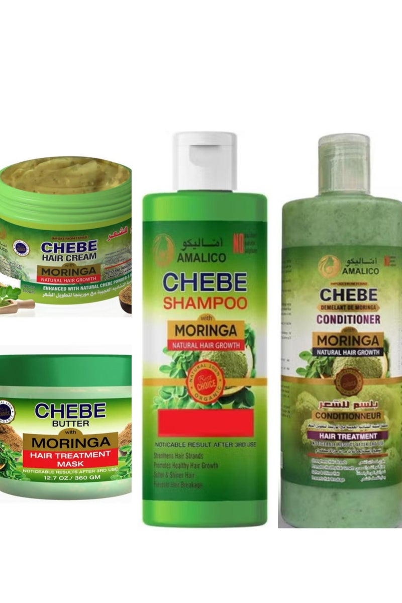 AMALICO Set Of 4 Pcs Moringa With Chebe Powder For Hair Growth Conditioner 500 ml + Hair Shampoo 500 ml +  Hair Traitment Mask 360 g+ Leave-in Hair Cream 360 g