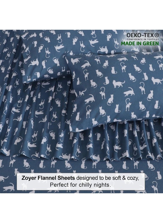 ZOYER Flannel Sheets Queen Size Set - Soft & Comfy Deep Pocket Cotton Flannel Bedding, Fitted Up to 16", Double Brushed Queen Bed Sheets, 4 Pieces, White Cat - Image 4