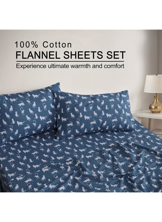 ZOYER Flannel Sheets Queen Size Set - Soft & Comfy Deep Pocket Cotton Flannel Bedding, Fitted Up to 16", Double Brushed Queen Bed Sheets, 4 Pieces, White Cat - Image 3