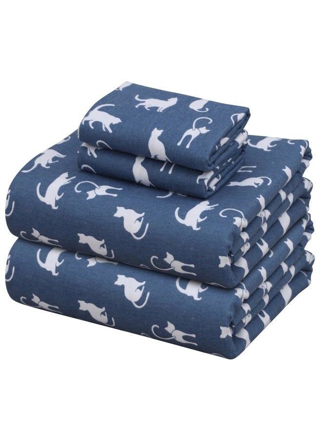 ZOYER Flannel Sheets Queen Size Set - Soft & Comfy Deep Pocket Cotton Flannel Bedding, Fitted Up to 16", Double Brushed Queen Bed Sheets, 4 Pieces, White Cat - Image 1