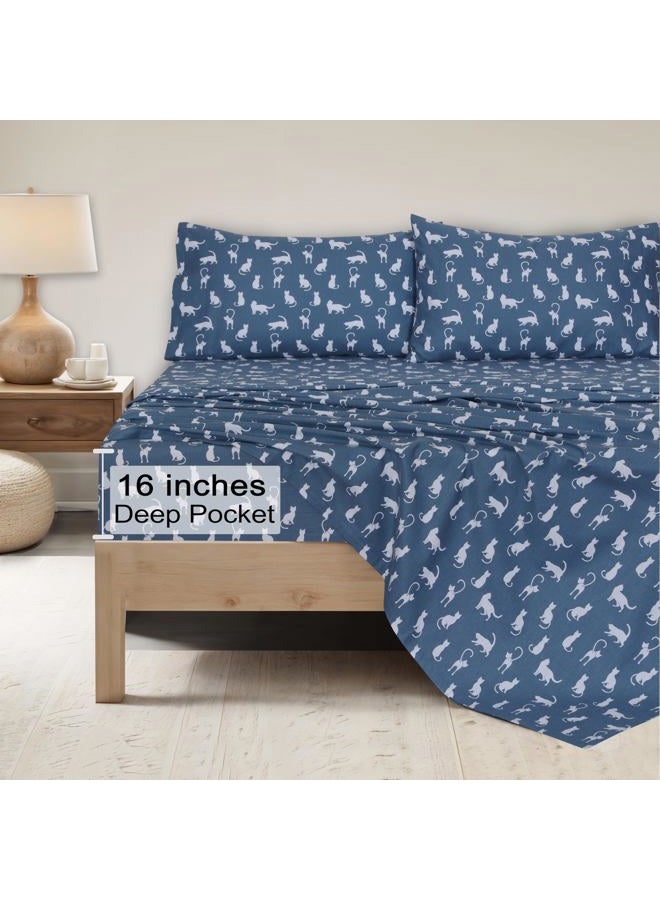 ZOYER Flannel Sheets Queen Size Set - Soft & Comfy Deep Pocket Cotton Flannel Bedding, Fitted Up to 16", Double Brushed Queen Bed Sheets, 4 Pieces, White Cat - Image 5