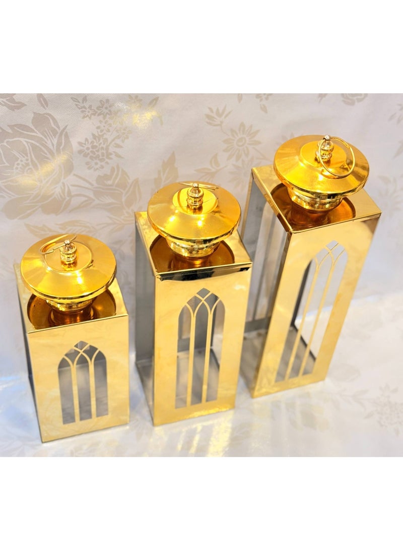 Set of 3 elegant stainless steel gold lanterns for Ramadan decorations