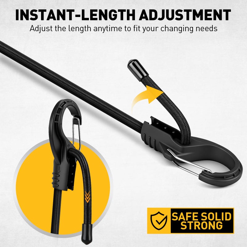 ELEAD 8-Piece 48-inch Adjustable Carabiner Bungee Cords with Hooks, Easily Adjust from 7" to 48", Heavy Duty Outdoor Bungee Straps, Black Super Elastic Cord for Cargo, Camping, Bike Racks, Tents - Image 4