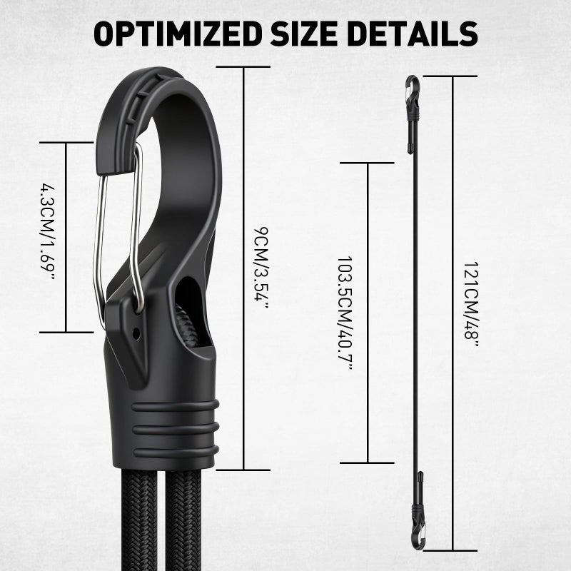 ELEAD 8-Piece 48-inch Adjustable Carabiner Bungee Cords with Hooks, Easily Adjust from 7" to 48", Heavy Duty Outdoor Bungee Straps, Black Super Elastic Cord for Cargo, Camping, Bike Racks, Tents - Image 2