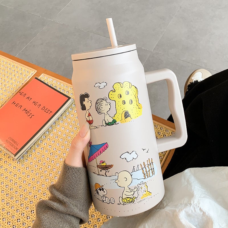 Large Capacity Snoopy Themed Insulated Tumbler with Straw Light brown