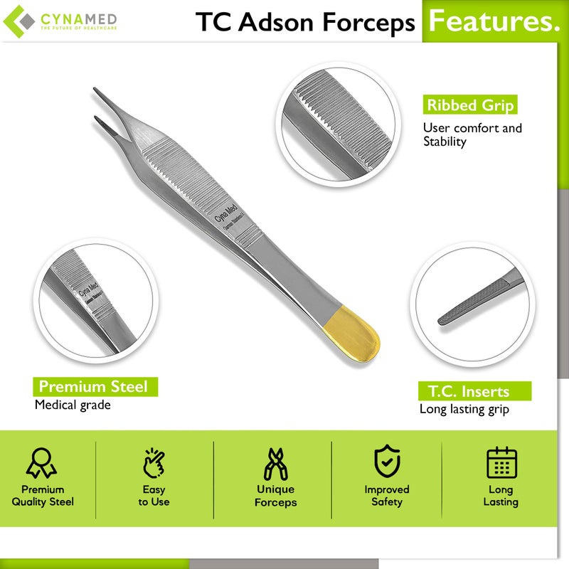 Cynamed T/C Adson Plastic Surgery Forceps 4.75" Straight Fine Point with Tungsten Carbide Inserts Surgical Veterinary Instruments with Gold Handle (Serrated Tips, Adson Dressing Forceps, TC) - Image 3