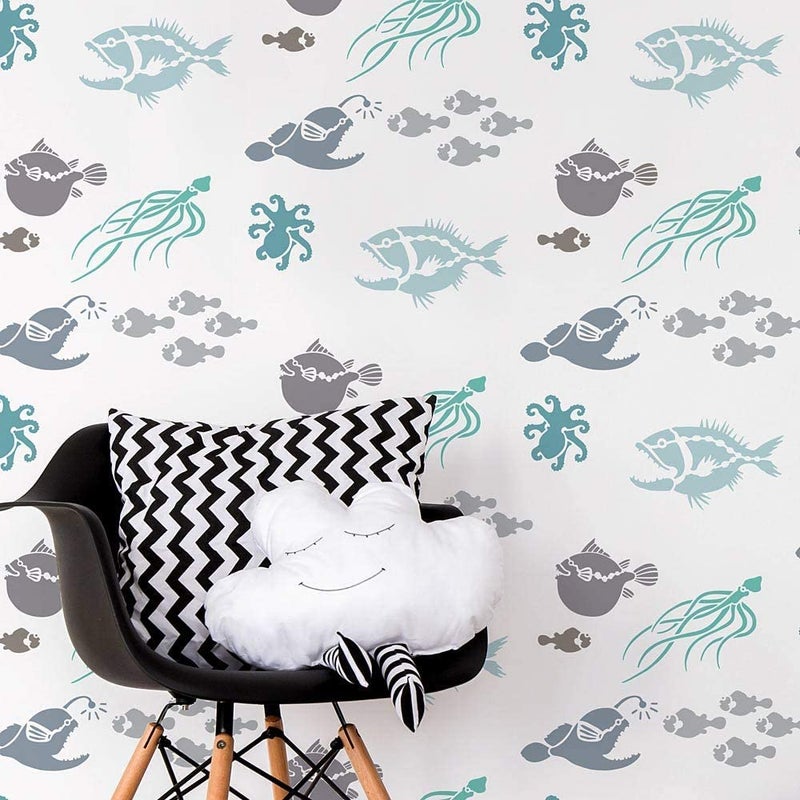 DEQUERA Dequera Deep Sea Creatures Allover Stencil DIY Nautical Stencils Reusable Stencils for Home Makeover Size 32 X 22