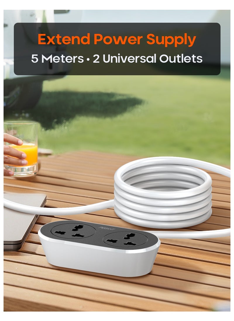 PEGANT - 2 Way 5 Meters, 2 Universal Outlets Power Extension Cord, 5M Dual Socket Cable Extender, 2500W 2 Plugs Electric Wire for Desk, Table, Floor, Office, Car - Image 1