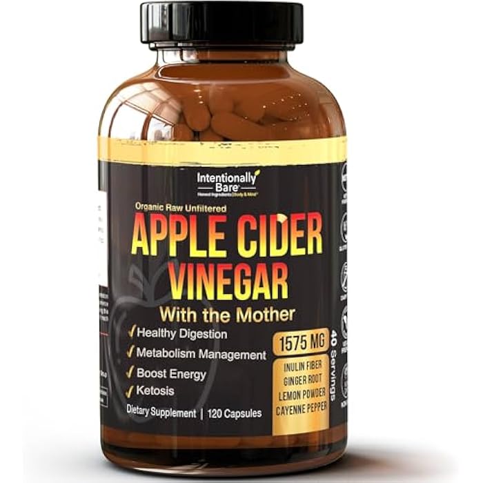 Intentionally Bare Apple Cider Vinegar with Mother Capsules - ACV Capsules with Ginger, Lemon, Cayenne and Inulin - Keto Friendly and Gluten Free for Energy, Immunity and Gut Health - 120 Capsules - Image 1