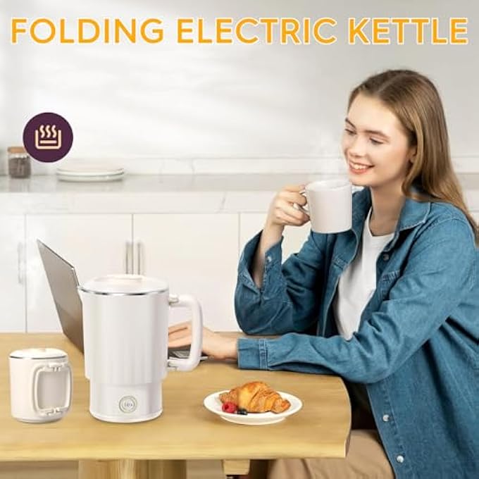 Masroo Portable Collapsible Electric Kettle With Cup For Boiling Water Portable Travel Kettle 304 Stainless Steel Dual Gear Water Boiler For Hotel Office 5 Min Fast Boiling 800Ml - Image 4