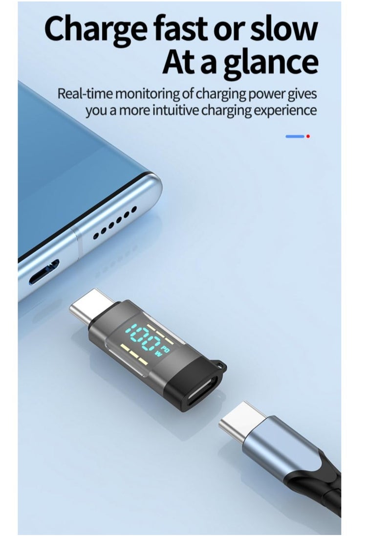 Excefore - USB C Adapter, 2 Pcs 100W Digital Display USB C Female to USB C Male Extension Adapter, with Digital Display, Type C Power Meter Tester, Compatible iPhone 15 Pro Max and Other USB C Devices (Grey) - Image 1