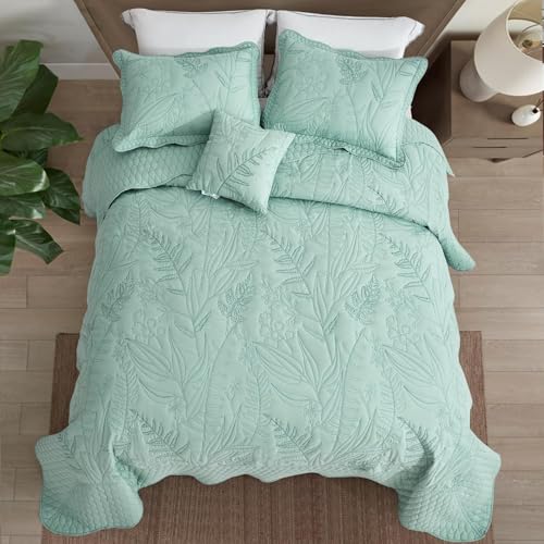 DaisyHuang Botanical Oversized Bedspread King Size - Leaves Pattern Stitching Quilt Set - Elegant & Fresh Style Bedding Coverlets, Reversible, Lightweight, 5 Piece, Seaglass - Image 3