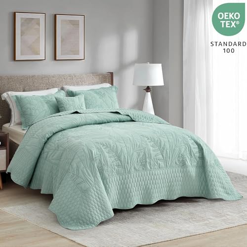 DaisyHuang Botanical Oversized Bedspread King Size - Leaves Pattern Stitching Quilt Set - Elegant & Fresh Style Bedding Coverlets, Reversible, Lightweight, 5 Piece, Seaglass - Image 2