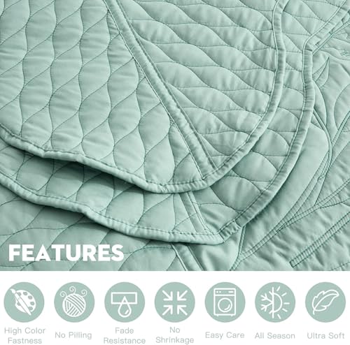 DaisyHuang Botanical Oversized Bedspread King Size - Leaves Pattern Stitching Quilt Set - Elegant & Fresh Style Bedding Coverlets, Reversible, Lightweight, 5 Piece, Seaglass - Image 5