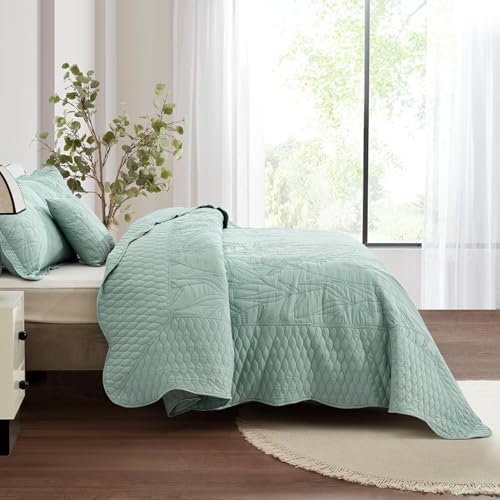 DaisyHuang Botanical Oversized Bedspread King Size - Leaves Pattern Stitching Quilt Set - Elegant & Fresh Style Bedding Coverlets, Reversible, Lightweight, 5 Piece, Seaglass - Image 4