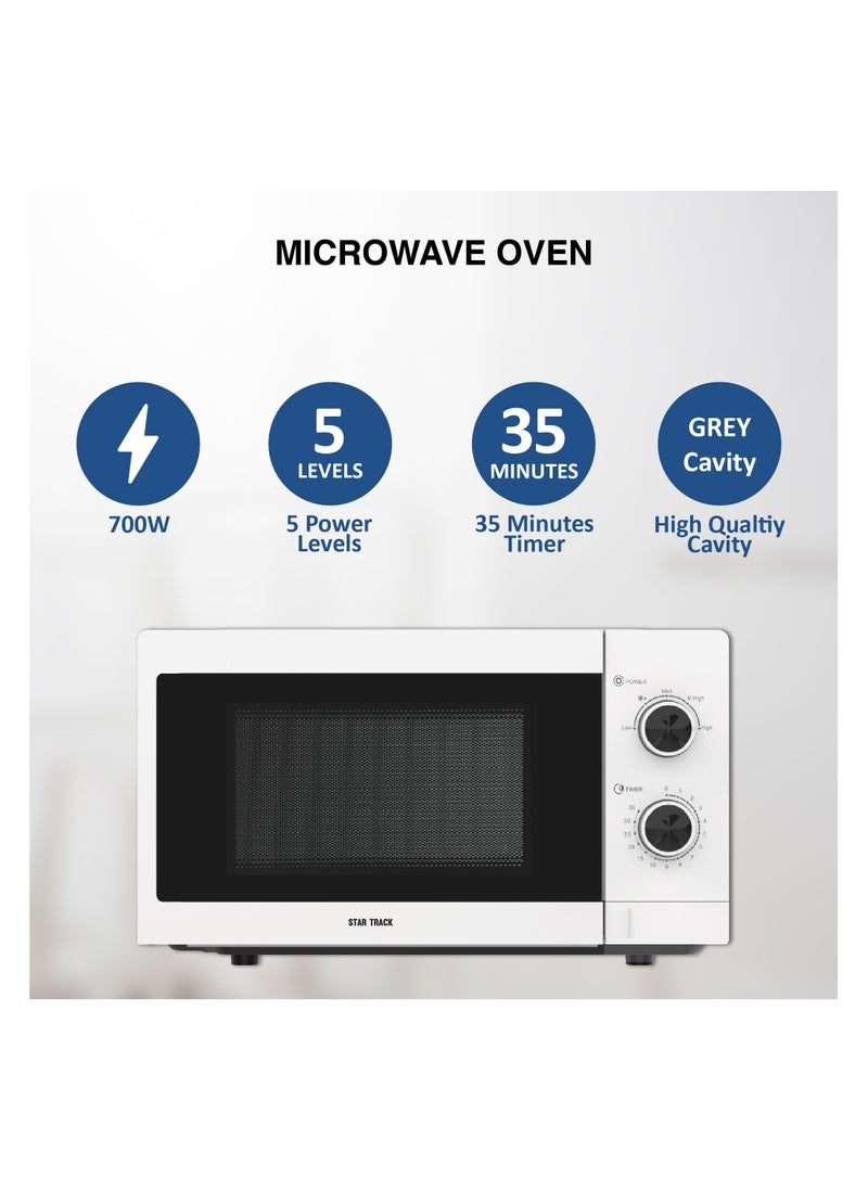 STAR TRACK STAR TRACK 20L Mechanical Microwave Oven, 700W, 5 Power Levels, Push Button, Turntable Tray, Grey Cavity, BS Plug, ST-MW700-MW20  - Image 2