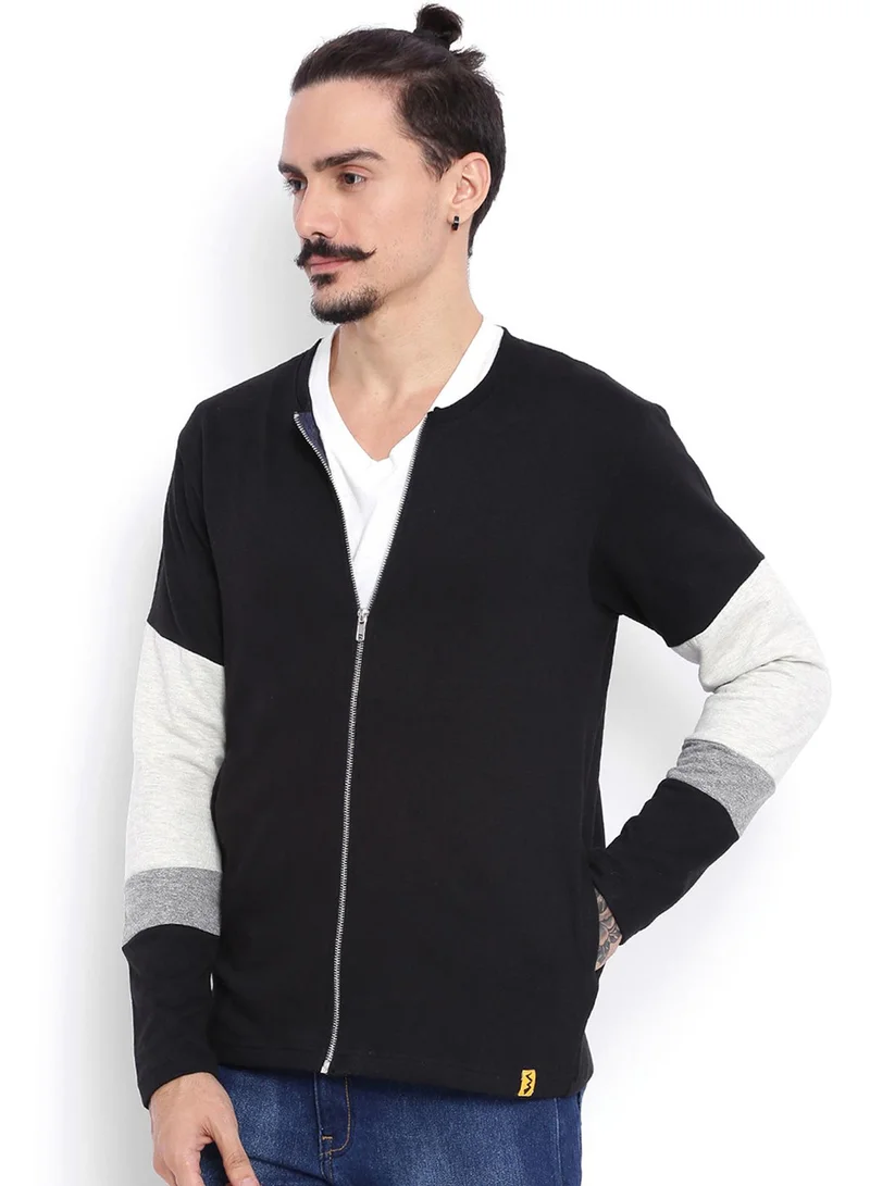 Campus Sutra Men's Cream White & Obsidian Black Zip-Front Block Knit Jacket
