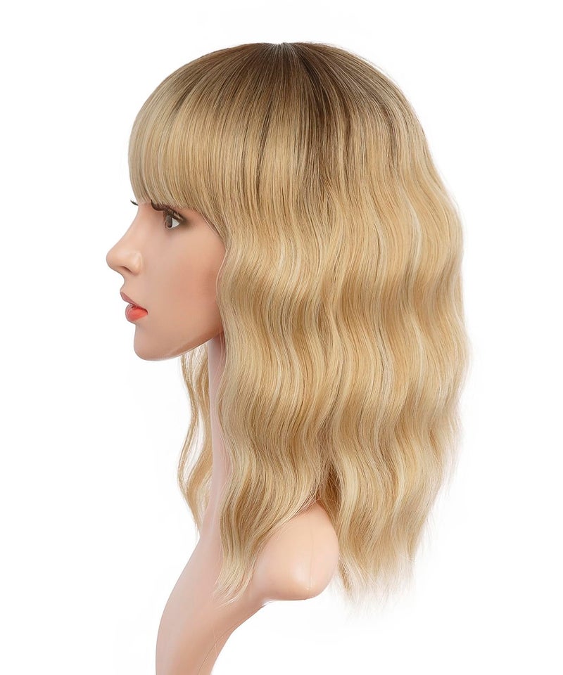 ENTRANCED STYLES Ombre Blonde Wigs with Bangs Blond Wig for Women 14Inch Short Wavy Wigs Shoulder Length Hair for Girl Natural Looking Synthetic Heat Resistant Fiber Hair for Daily Party Halloween Use - Image 2