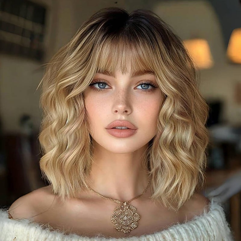 ENTRANCED STYLES Ombre Blonde Wigs with Bangs Blond Wig for Women 14Inch Short Wavy Wigs Shoulder Length Hair for Girl Natural Looking Synthetic Heat Resistant Fiber Hair for Daily Party Halloween Use - Image 1