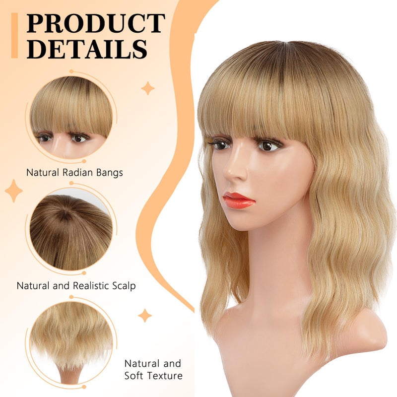 ENTRANCED STYLES Ombre Blonde Wigs with Bangs Blond Wig for Women 14Inch Short Wavy Wigs Shoulder Length Hair for Girl Natural Looking Synthetic Heat Resistant Fiber Hair for Daily Party Halloween Use - Image 3