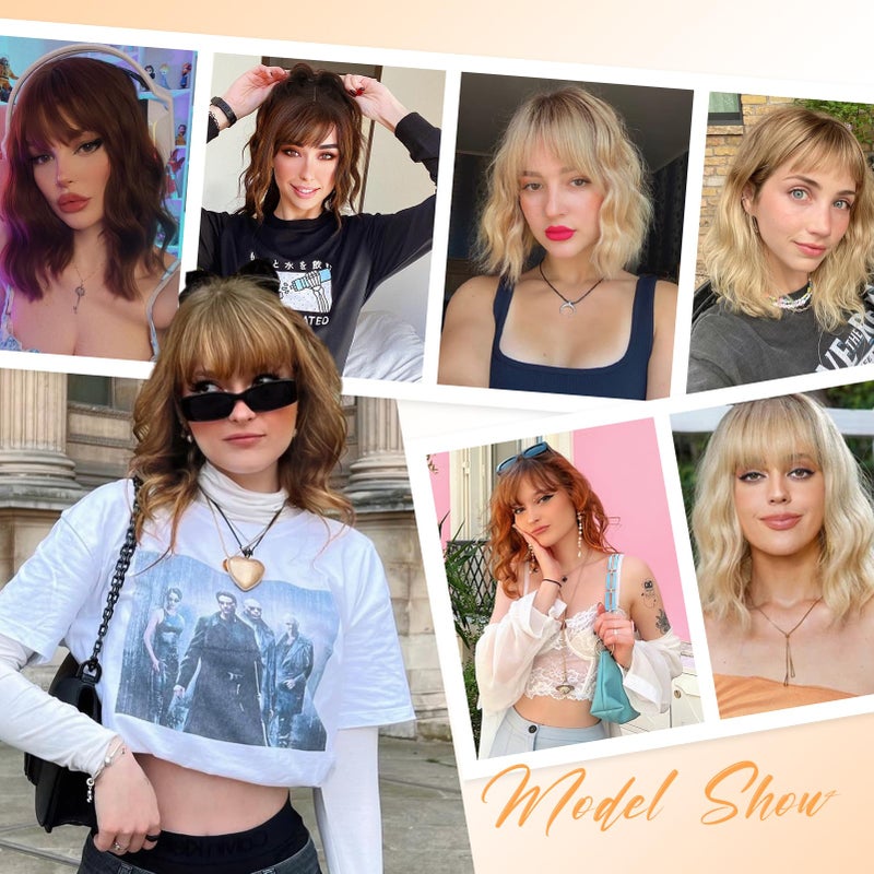 ENTRANCED STYLES Ombre Blonde Wigs with Bangs Blond Wig for Women 14Inch Short Wavy Wigs Shoulder Length Hair for Girl Natural Looking Synthetic Heat Resistant Fiber Hair for Daily Party Halloween Use - Image 4
