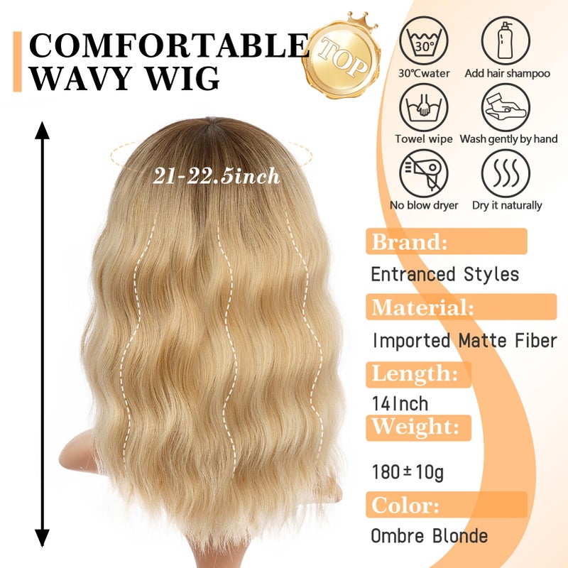 ENTRANCED STYLES Ombre Blonde Wigs with Bangs Blond Wig for Women 14Inch Short Wavy Wigs Shoulder Length Hair for Girl Natural Looking Synthetic Heat Resistant Fiber Hair for Daily Party Halloween Use - Image 5