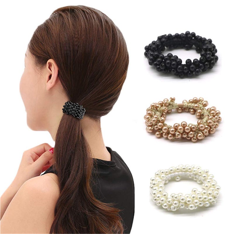 3Pcs Elastic Pearls Hair Scrunchies Women Girls Beaded Bracelet Hair Ties Bands Ropes Ponytail Holder
