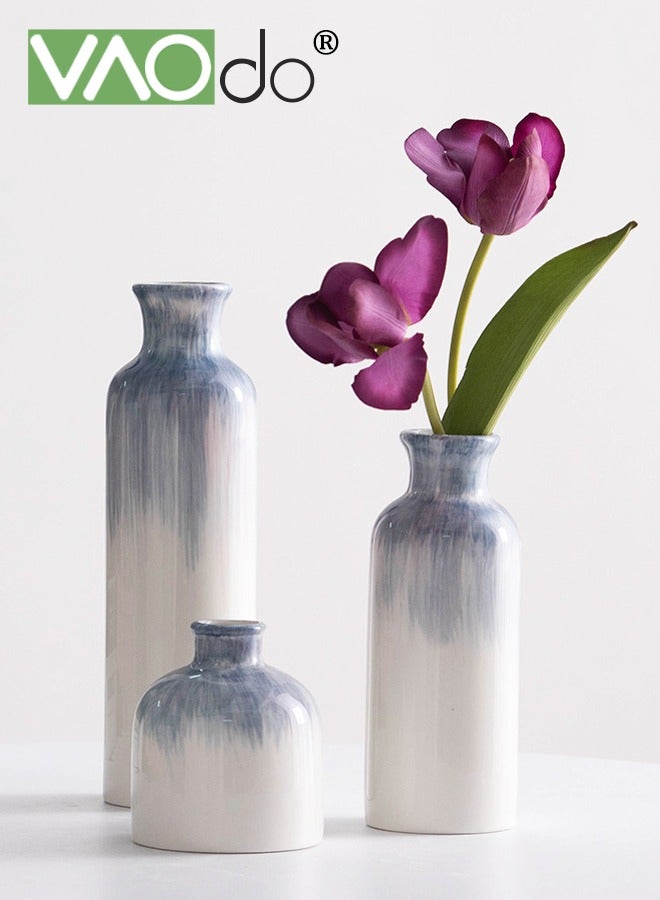 VAOdo 3PCS Ceramic Vase Set, Waterproof, Modern Vases for Home Decor, Farmhouse Country Vases, for Living Room Kitchen Mantle Bedroom Dining Table Office Farmhouse Decorative Gradient Blue - Image 1