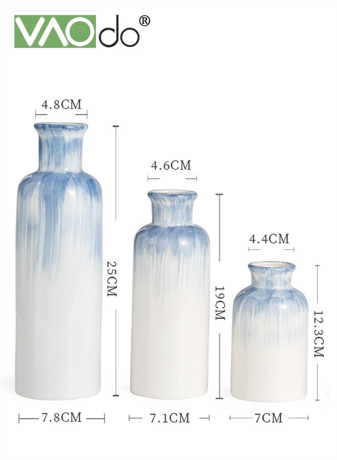 VAOdo 3PCS Ceramic Vase Set, Waterproof, Modern Vases for Home Decor, Farmhouse Country Vases, for Living Room Kitchen Mantle Bedroom Dining Table Office Farmhouse Decorative Gradient Blue - Image 2