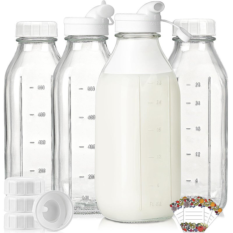 Syntic 4 Pack 1 Liter Glass Milk Bottles w Scale, 100% Airtight Heavy Duty Screw Lid - 32 Oz Drinking Jars w 2 Pour Spouts - Glass Bottles for Milk, Honey, Jam, Creamer - Dishwasher Safe(Extra 2 Lids) - Image 1