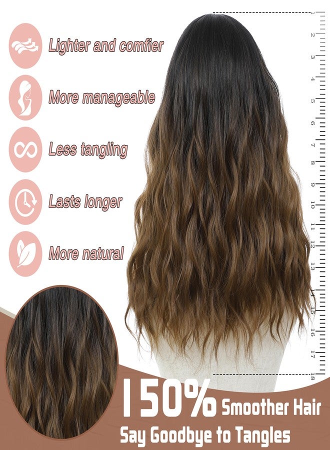 BUPPLER باروكة بوبلر، طول متوسط 18 بوصة، شعر صناعي مموج مع خصلات محسّنة، باروكة شعر طبيعي للاستخدام اليومي والحفلات/الهالوين، 18 بوصة، لون بني أومبري فاقع - Image 4