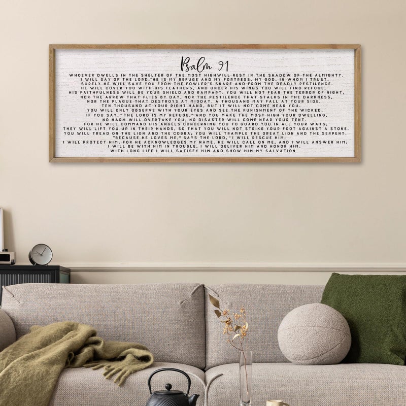 comurdyo Psalm 91 Wall Art Decor 40"X15" Christian Sign for Bedroom Family Bible Verse Large Wood Framed Wall Hanging (Wood) - Image 1
