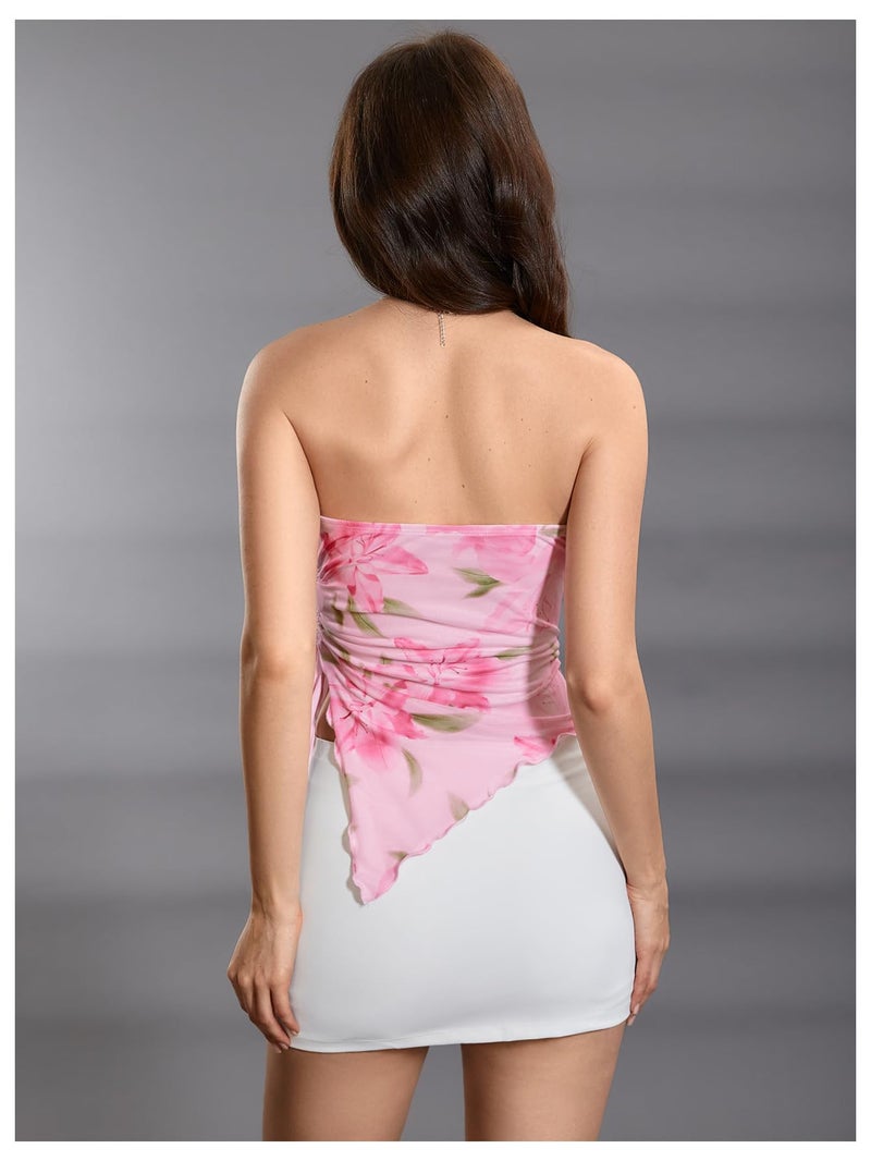 WDIRARA Women's Floral Mesh Strapless Side Ruched Tube Top Asymmetrical Hem Bandeau Crop Tops A Pink Medium - Image 3
