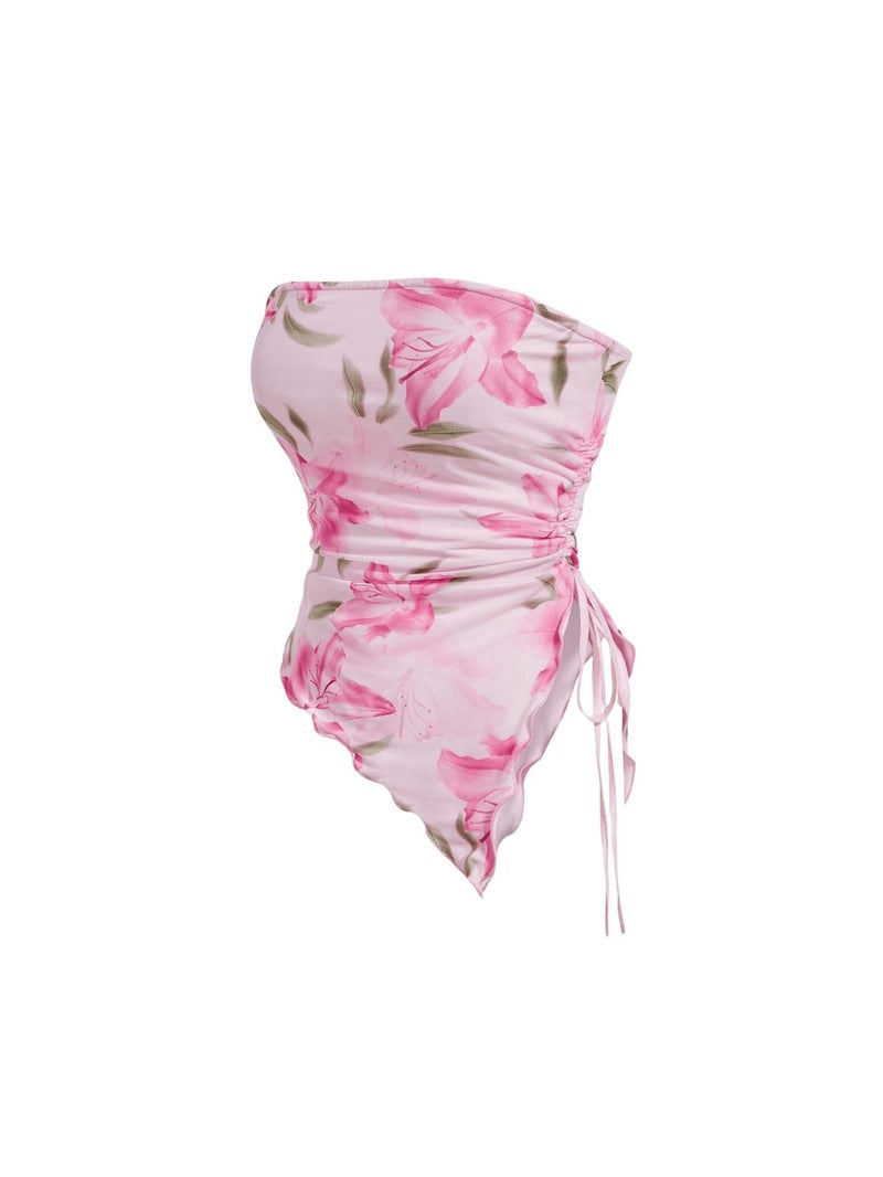 WDIRARA Women's Floral Mesh Strapless Side Ruched Tube Top Asymmetrical Hem Bandeau Crop Tops A Pink Medium - Image 1