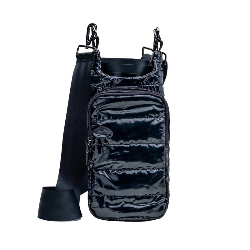 WanderFull Original HydroBag | Quilted Water Bottle Holder Crossbody Bag with Pockets and Strap | Carry 32 oz Water Bottle, Tumbler, Phone, Purse | Glossy Black, Black Strap - Image 1