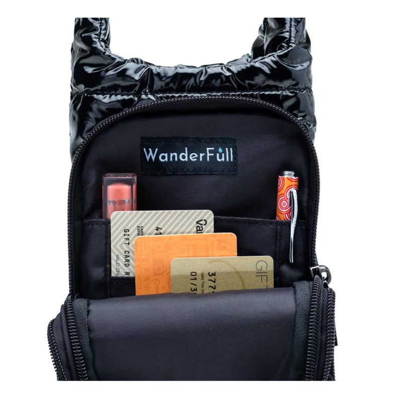 WanderFull Original HydroBag | Quilted Water Bottle Holder Crossbody Bag with Pockets and Strap | Carry 32 oz Water Bottle, Tumbler, Phone, Purse | Glossy Black, Black Strap - Image 2