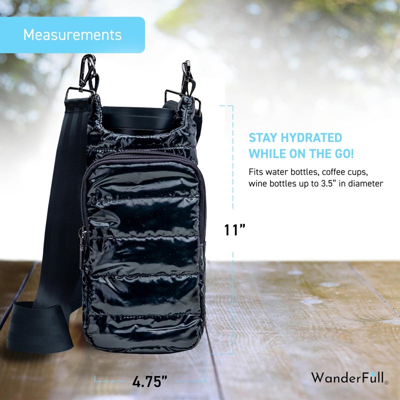 WanderFull Original HydroBag | Quilted Water Bottle Holder Crossbody Bag with Pockets and Strap | Carry 32 oz Water Bottle, Tumbler, Phone, Purse | Glossy Black, Black Strap - Image 4